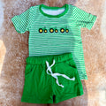 Green Striped Embroidered Tractors Set - Preorder