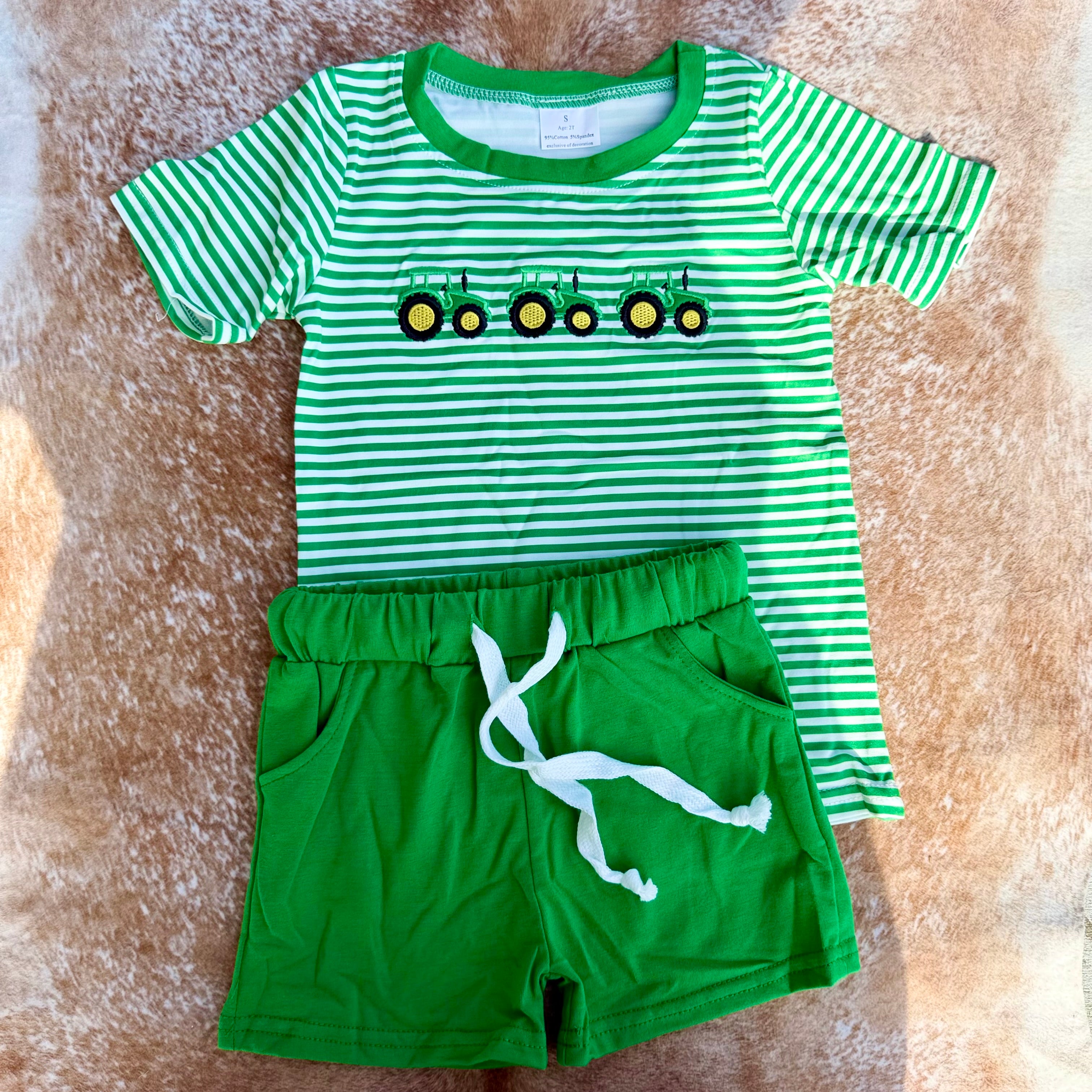 Green Striped Embroidered Tractors Set - Preorder