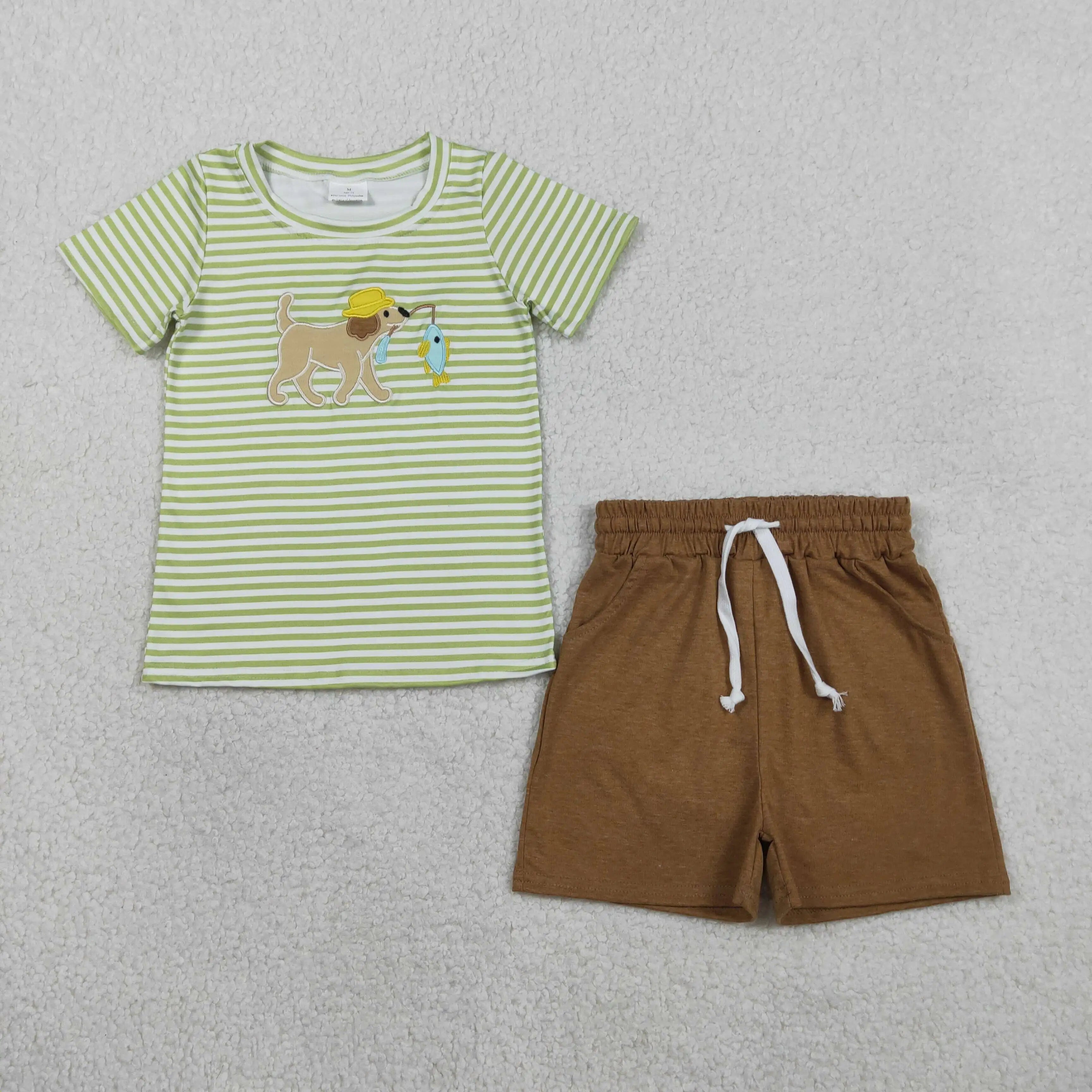 Sage Striped Embroidered Fishing Puppy Set - Preorder