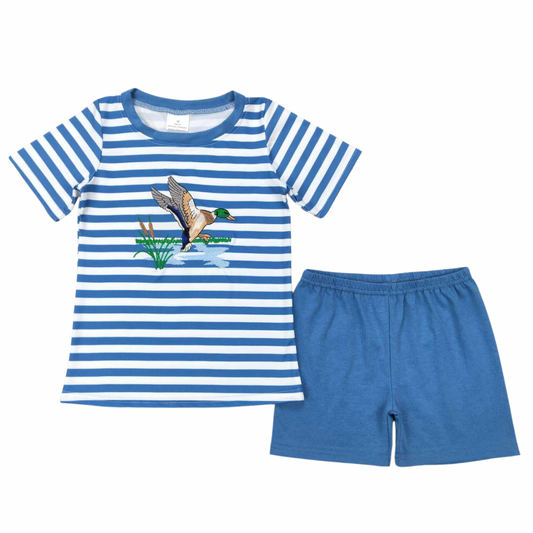 Embroidered Blue Striped Mallard Duck Set