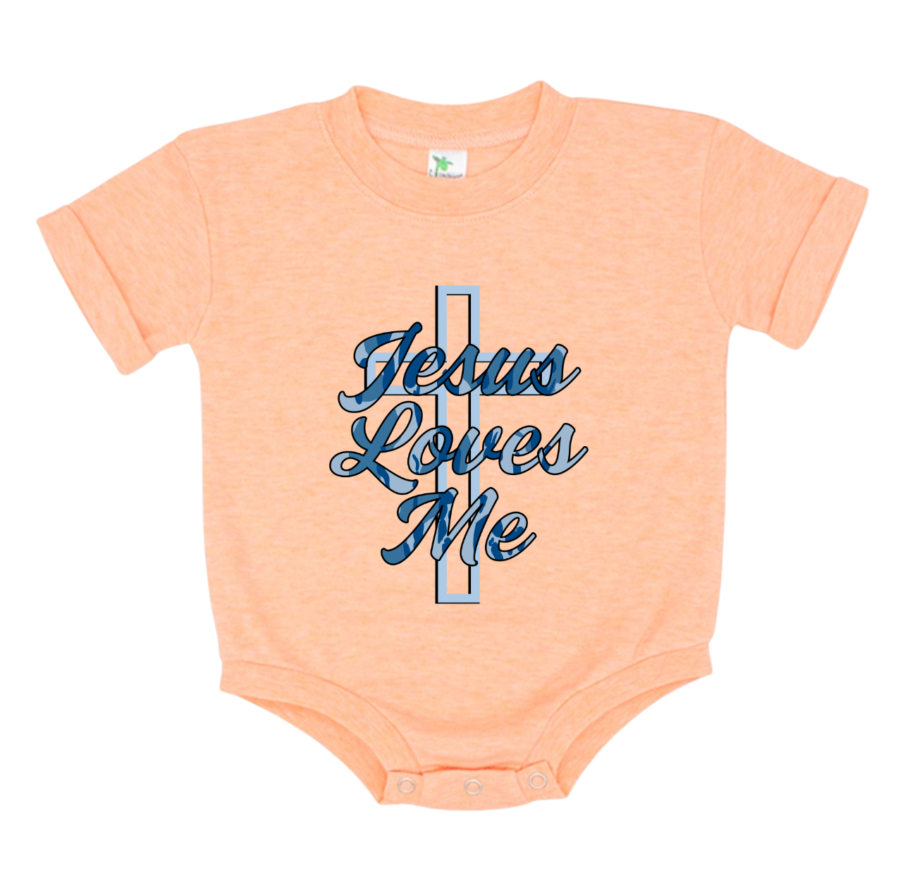 Blue Camo Jesus Loves Me Cantaloupe Bubble Romper