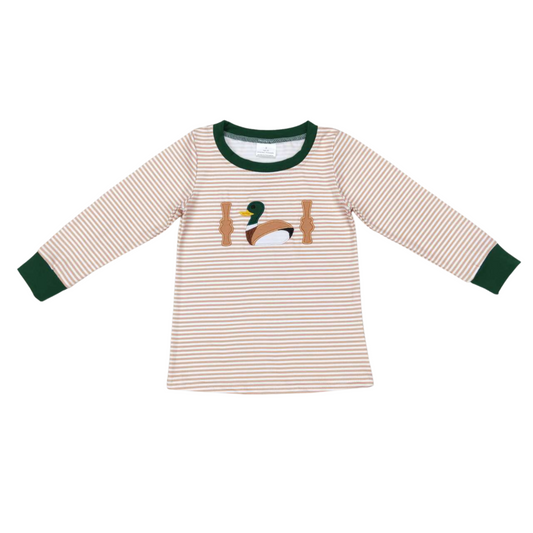 Beige Striped Embroidered Mallard LS Top