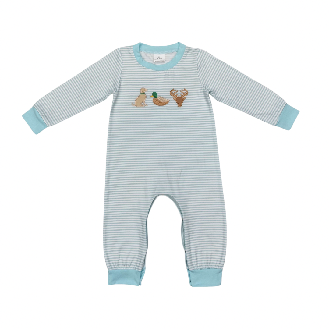 Embroidered Dog, Duck, Deer Long Romper - Preorder