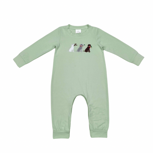 Light Green Embroidered Hunting Dogs Romper