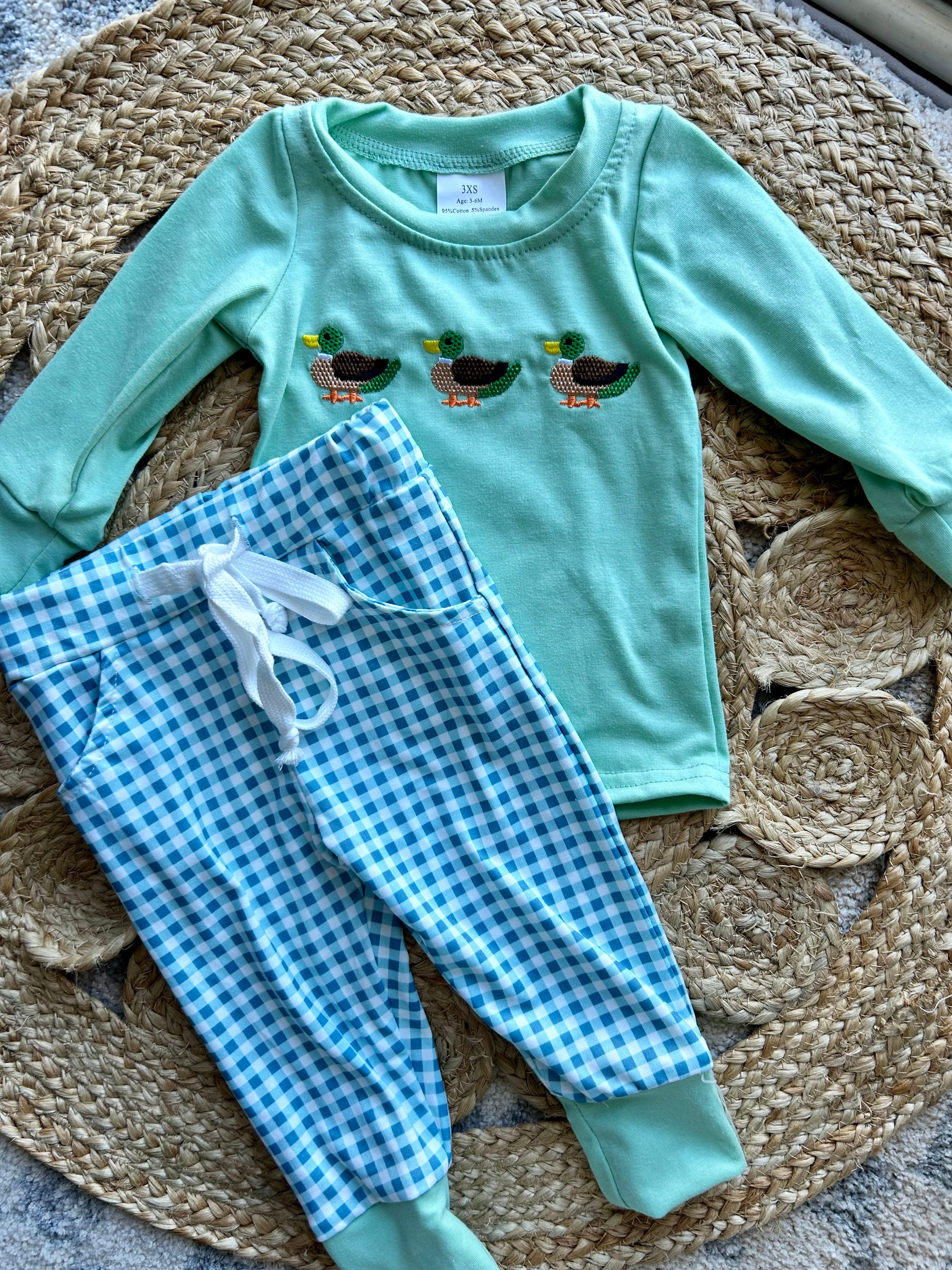 Embroidered Mallard Duck Plaid Pants Set - Preorder