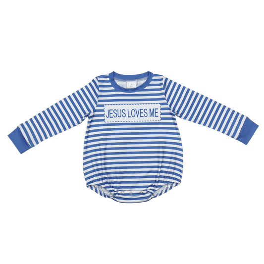 Jesus Loves Me Blue Striped Romper