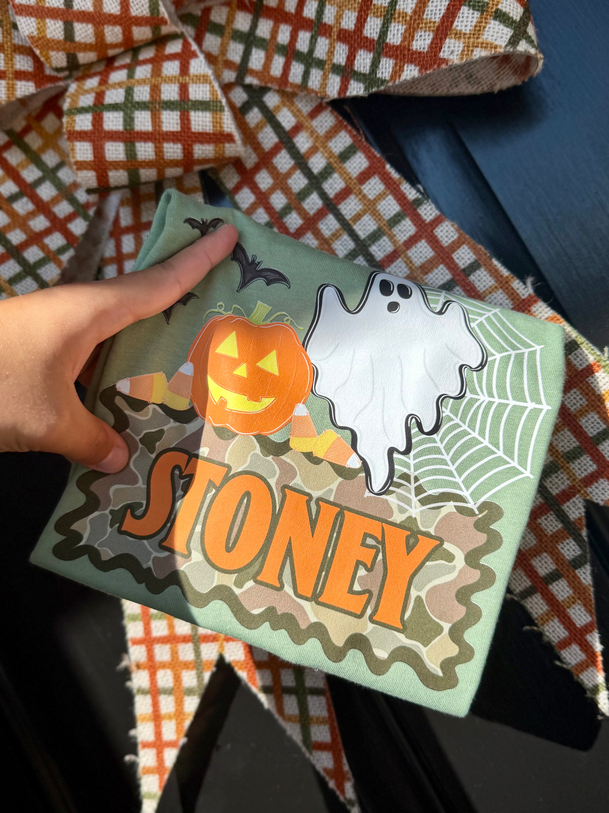 Pumpkin & Ghost Camo Name Plate Tee - CUSTOM (2 colors)