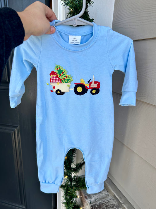 Blue embroidered Christmas tractor romper