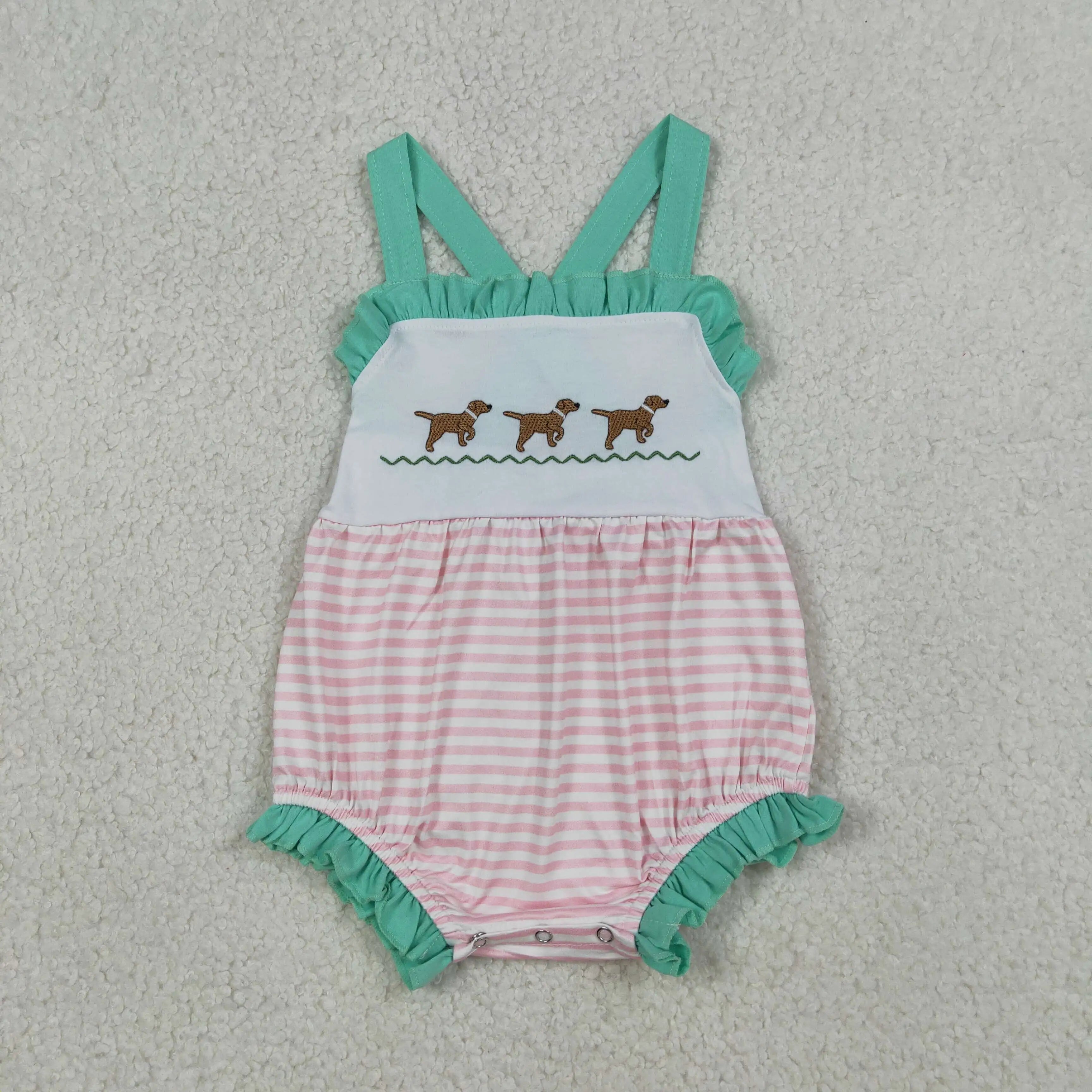 Mint Embroidered Puppy Ruffle Romper - Preorder