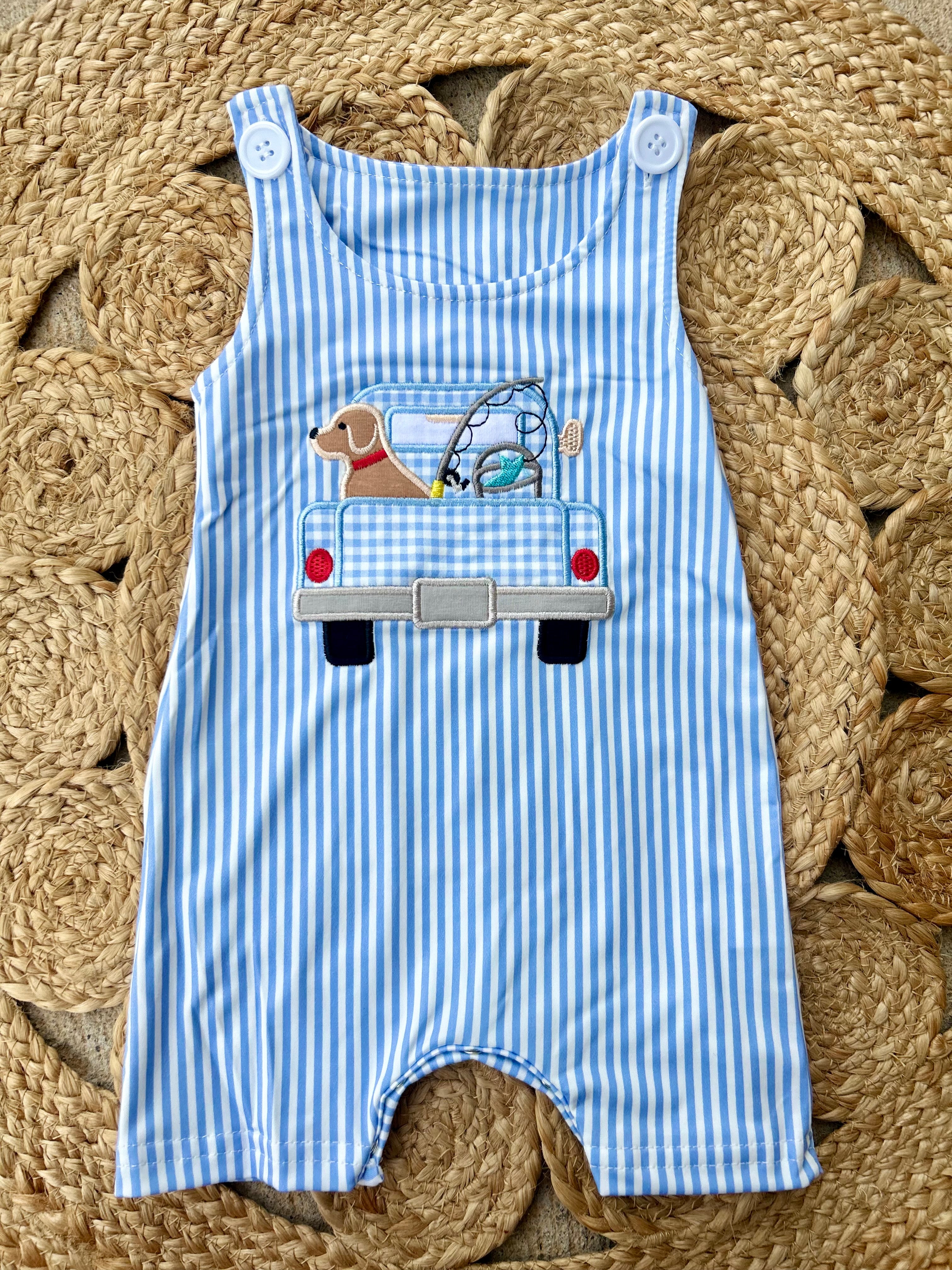 Appliqué Fishing Puppy Romper - Preorder