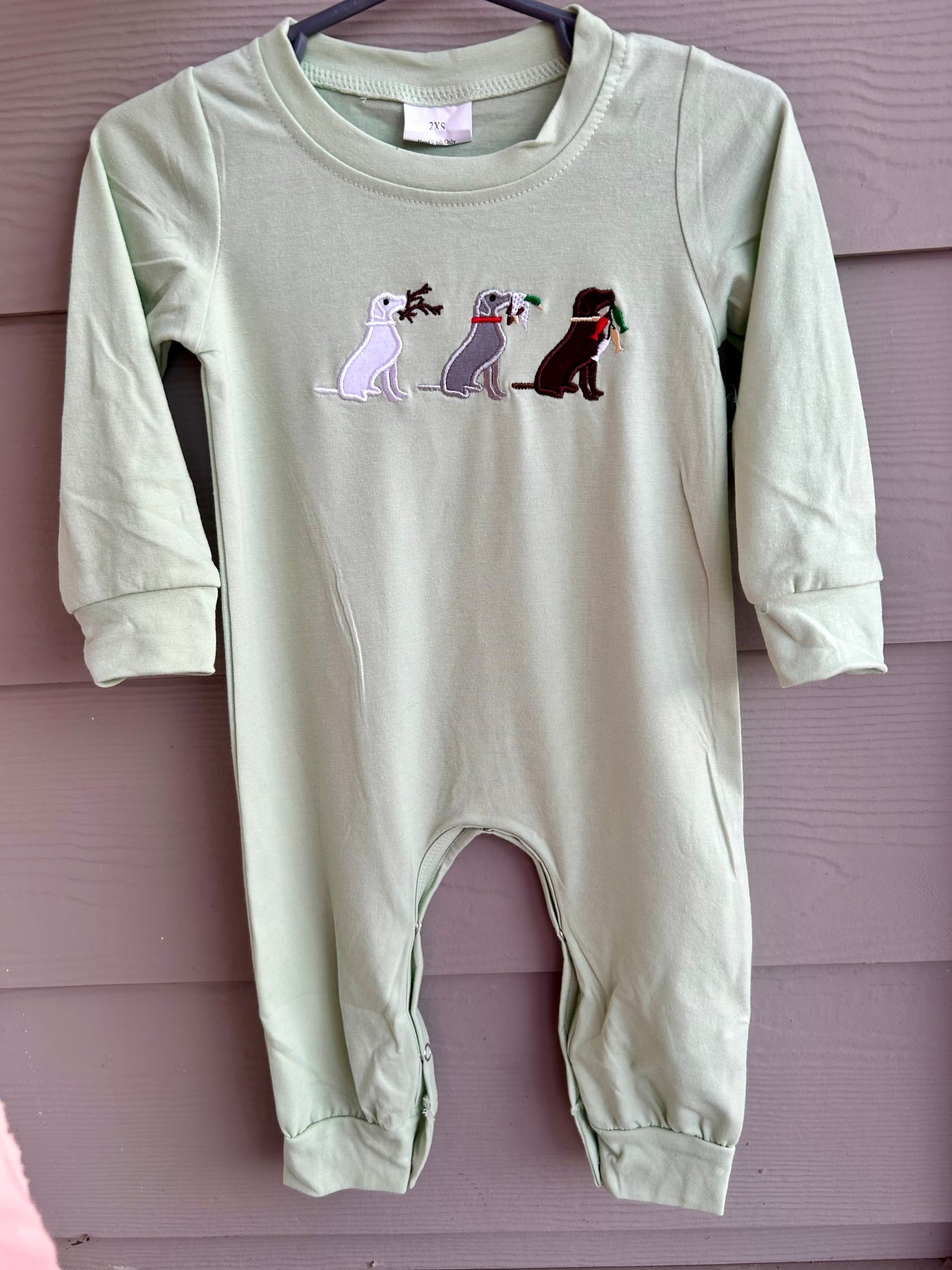 Light Green Embroidered Hunting Dogs Romper