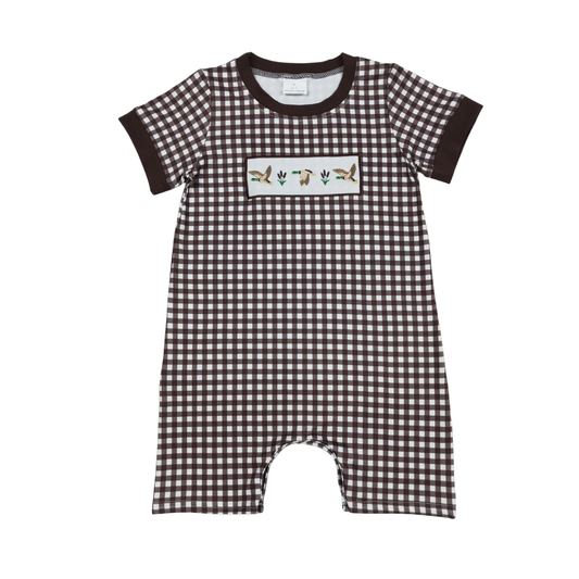 Brown Plaid Embroidered Ducks Romper