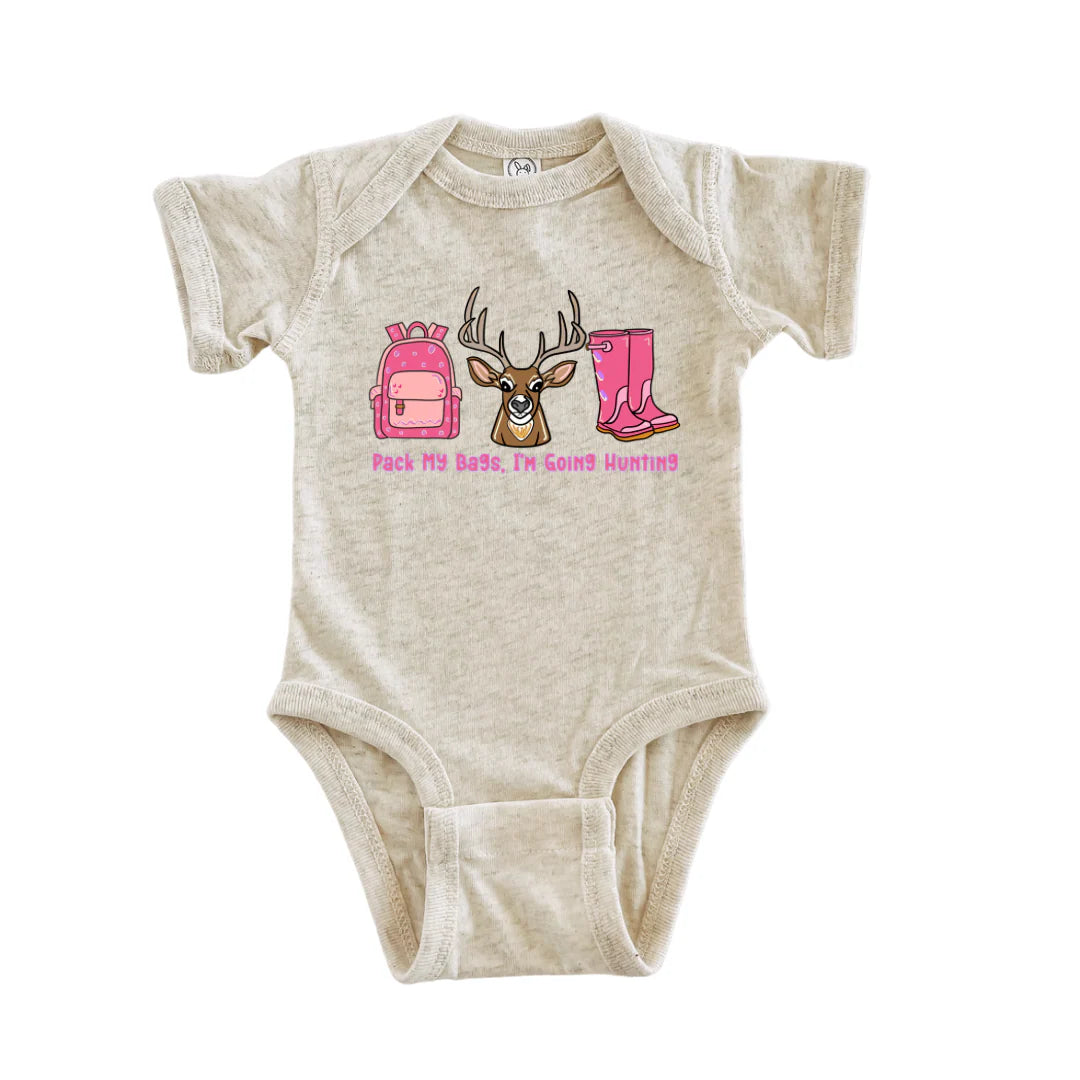 Pack My Bags I’m Going Hunting Girls Bodysuit | Natural Heather