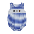 Blue Gingham Puppy Embroidered Romper