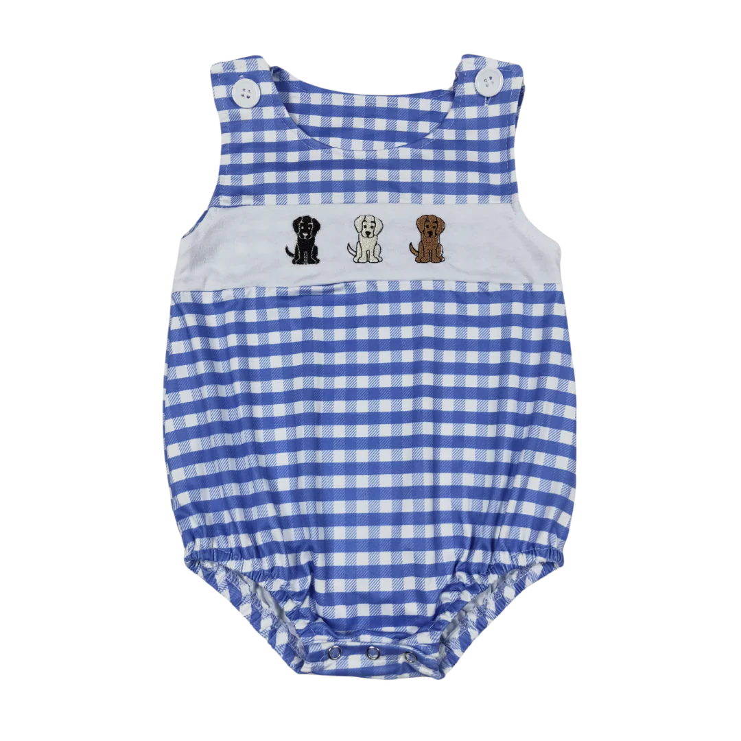 Blue Gingham Puppy Embroidered Romper
