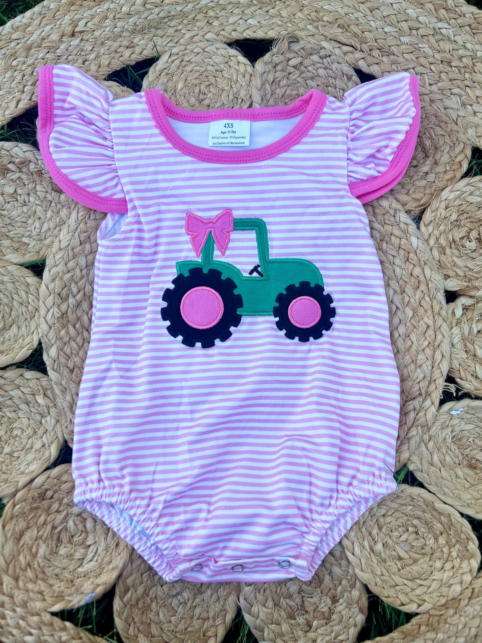 Pink Striped Appliqué Tractor Romper