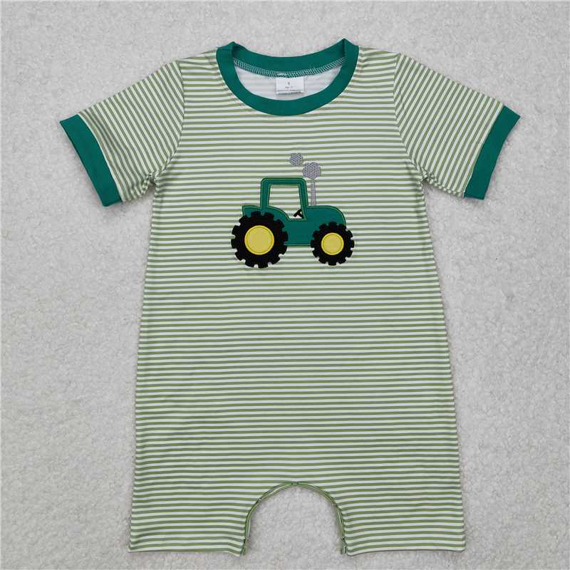 Green Striped Appliqué Tractor Romper