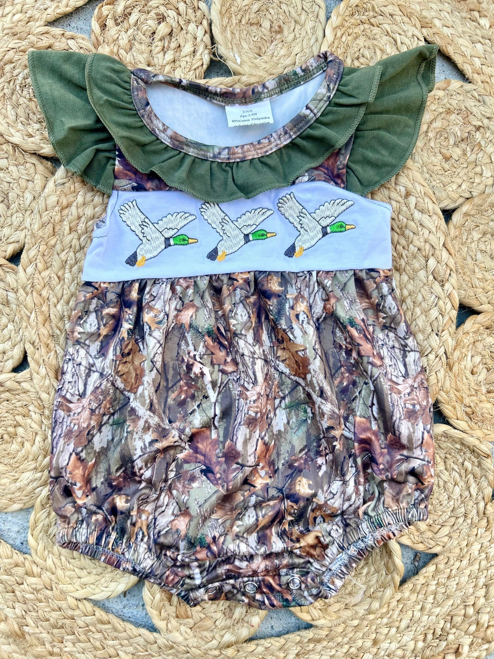 Embroidered Flying Ducks Camo Ruffle Romper