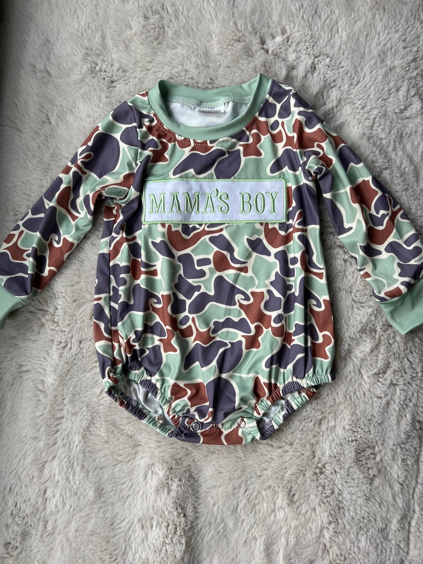 Embroidered Mama’s Boy Long Sleeve Camo Romper