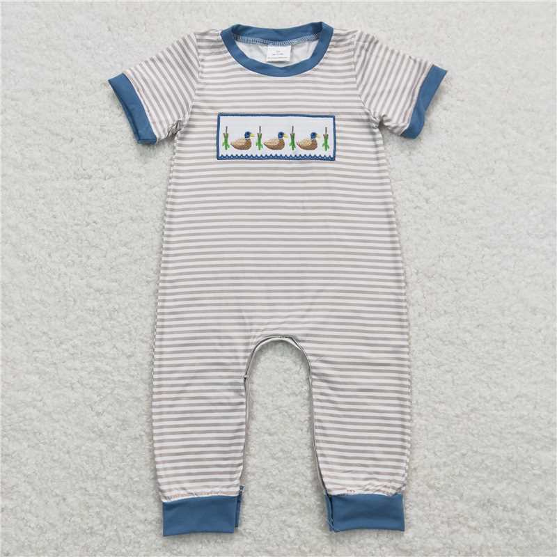 Embroidered Ducks Long Striped Romper