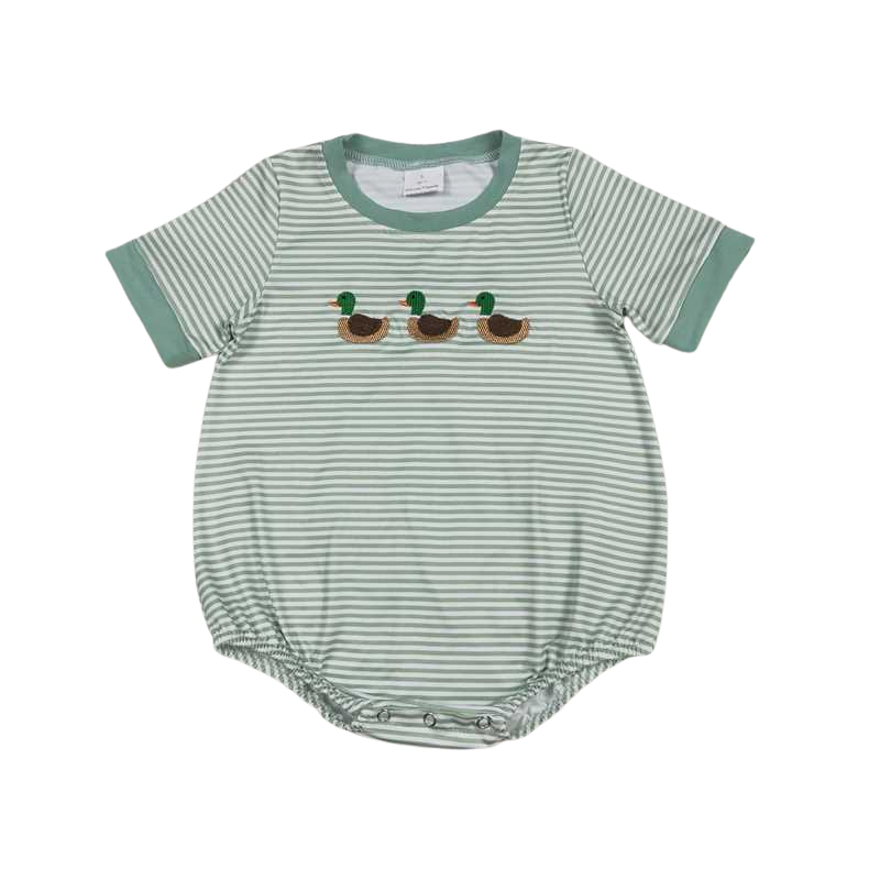 Sage Striped Embroidered Ducks Romper