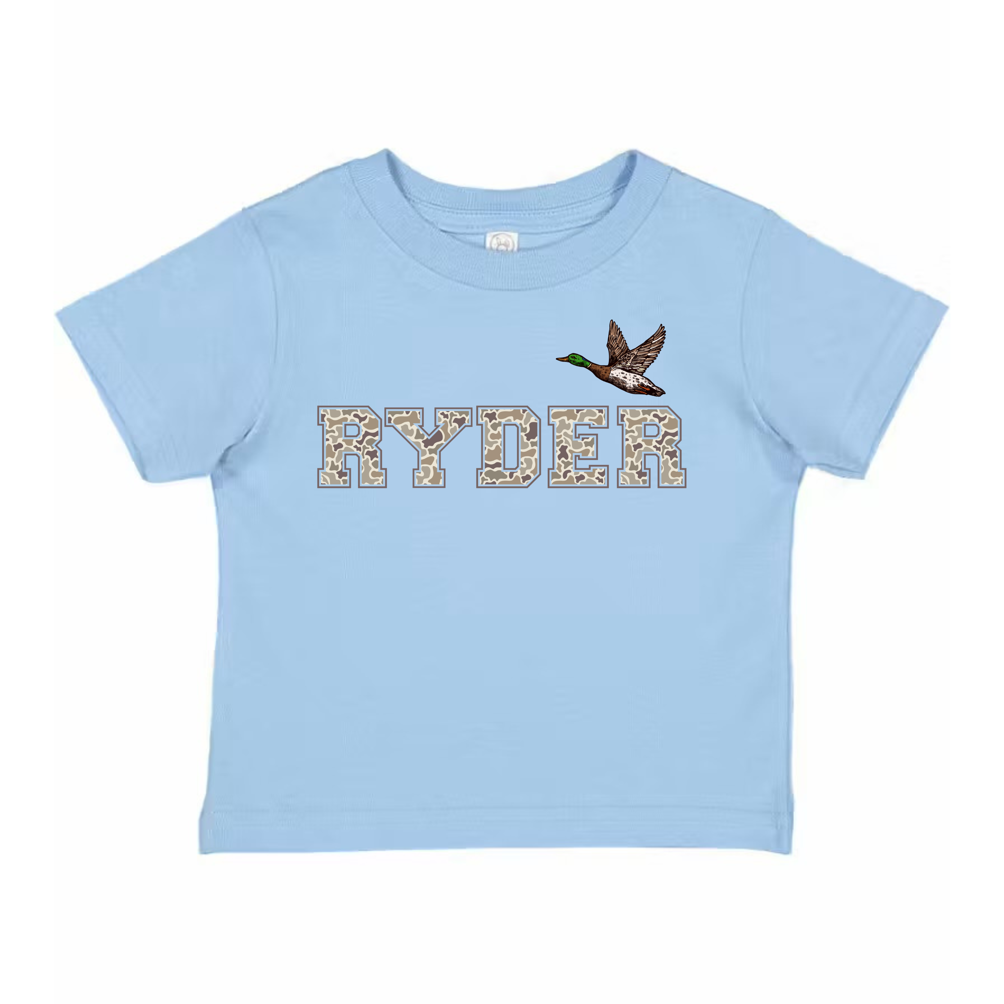 Camo Flying Mallard Name Tee - Light Blue