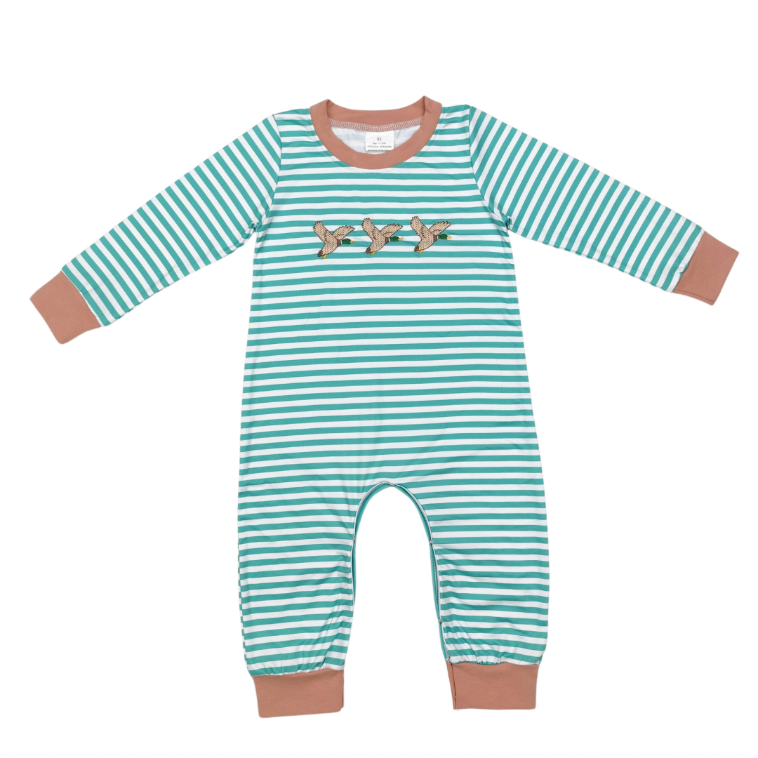 Embroidered Green Striped Mallard Romper - Preorder